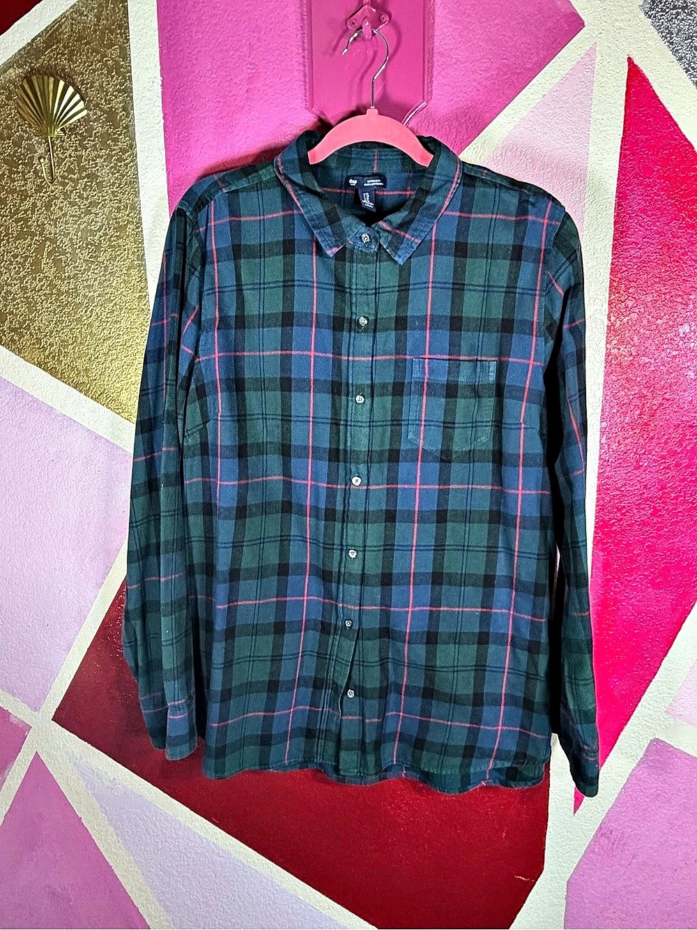 Gap Boyfriend Fit Blackwatch Plaid Flannel Shirt XL Navy Green Red Cotton